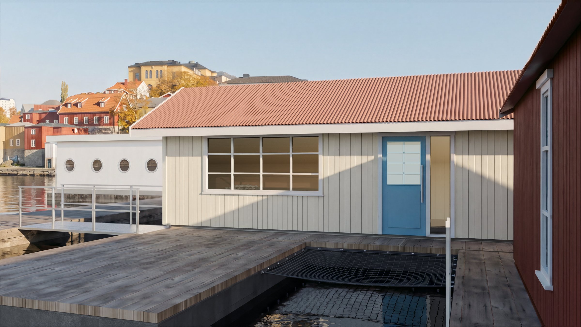 The saunas seen from the side jetty, with Tyholmen behind
