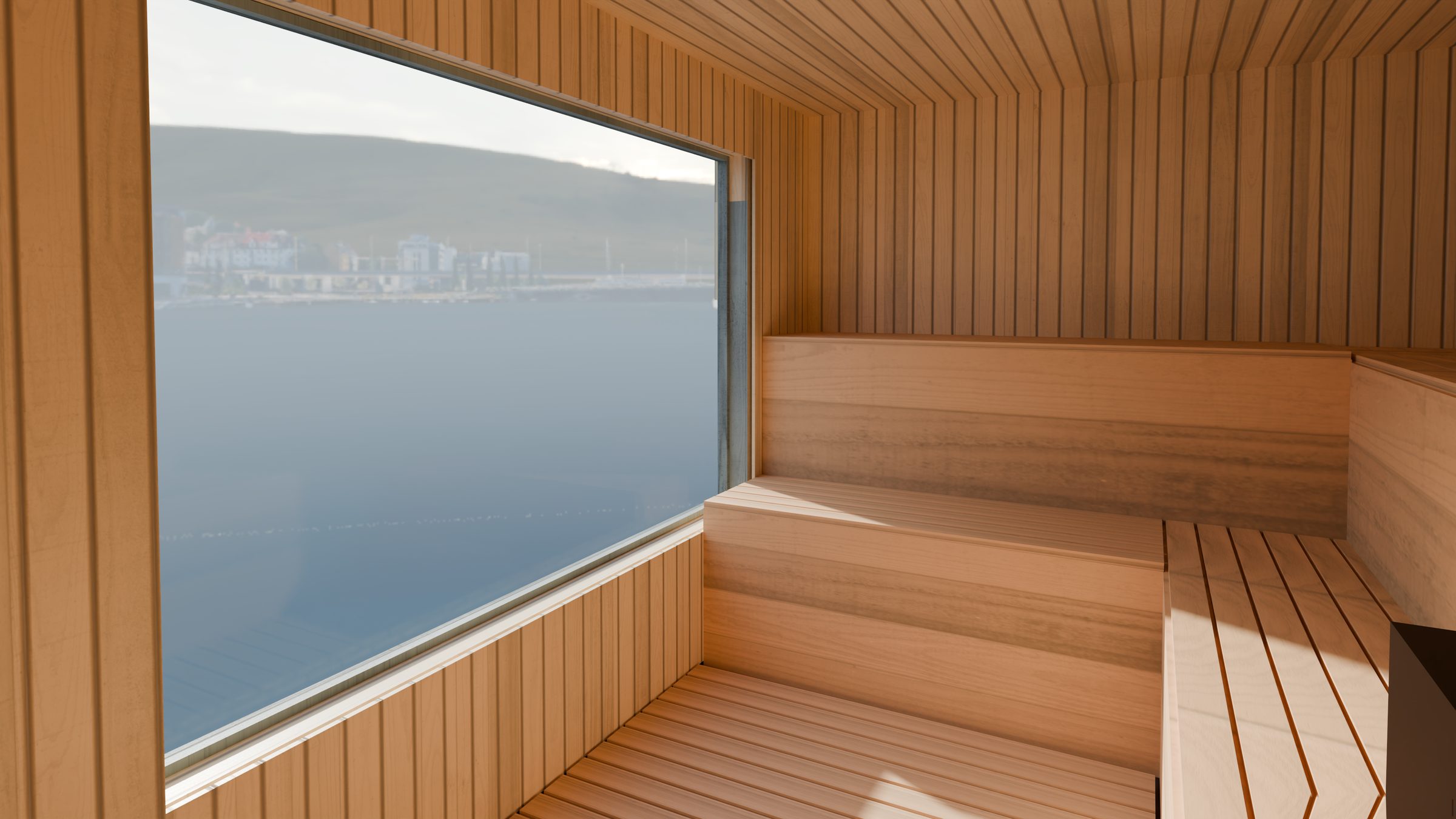 The sauna room in one of the saunas at Marineholmen, with the window towards the fjord