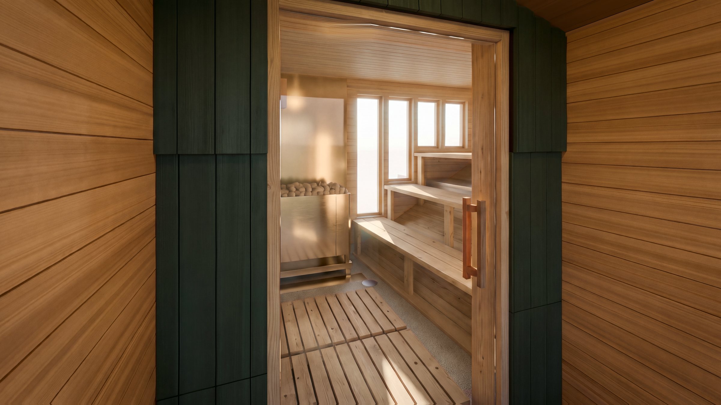 The entrance porch of one of the saunas at Marineholmen, towards the sauna door