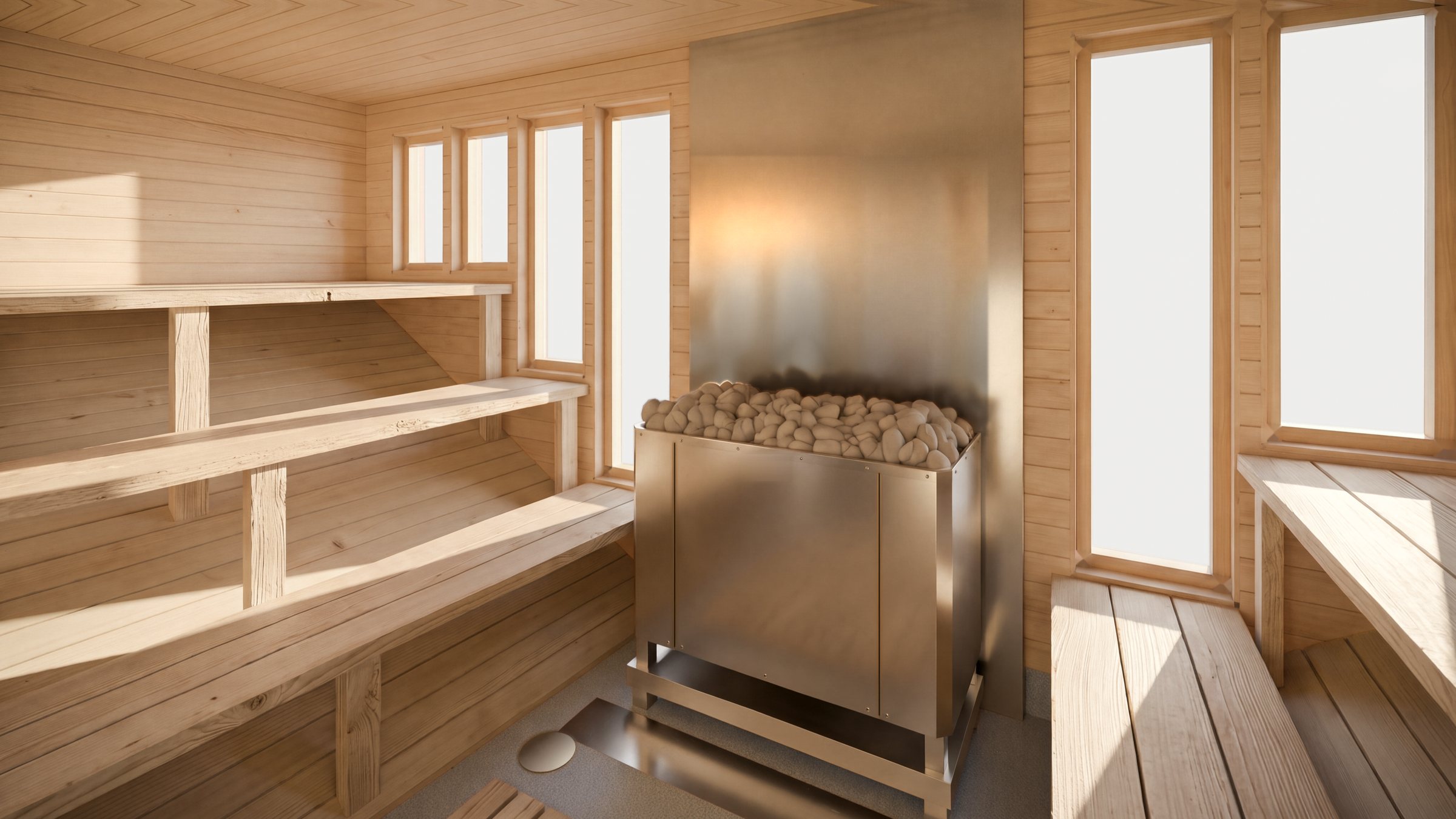 The sauna room in one of the saunas at Marineholmen, towards the stove