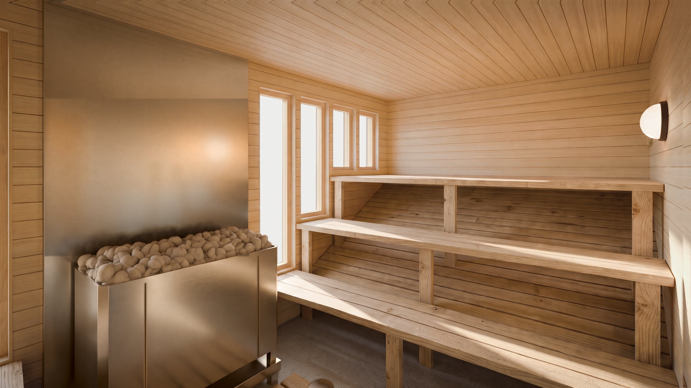 The sauna room in one of the saunas at Marineholmen, towards the windows and benches